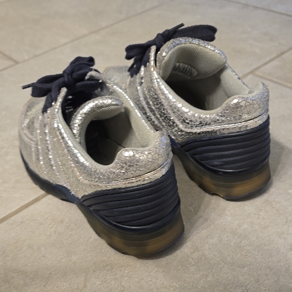 CHANEL Metallic Silver Sneakers with Navy Accents - Picture 11 of 13